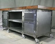 Industrial Kitchen Island W/ Storage. Portable Workstation. Oak Wood Top & Polished Steel. Custom. 5 small