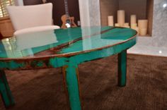 Custom Round Metal Coffee Table Art With Beautiful Turquoise And Jade Green Paint Color 2 small