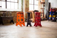 Southern Industrial Design Bar Stool With Reclaimed Wood Seat, Custom Cutouts And Distressed Finish 4 small