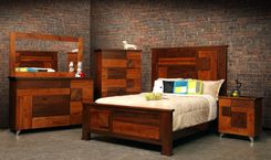 Arial Fields Modern Walnut & Cherry Bedroom  Set - Bed, Nightstand, Dresser, Chest, Mirror 1 small