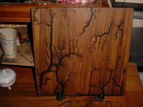 Captured Lighting On An Oak Commode Seat, High Voltage Wood Carving 3 small