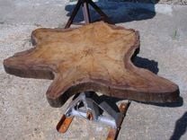 Sold Cypress Slab Top Indusrtial Style Metal Pedestal Coffee/Side Table 1 small