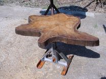 Sold Cypress Slab Top Indusrtial Style Metal Pedestal Coffee/Side Table 3 small