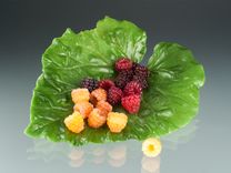 Lead Crystal Rhubarb Leaf, Pate de Verre, With Hand Blown Glass Berrry Sculptures 2 small