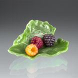 Palm-Sized Lead Crystal Rhubarb Leaf, Pate de Verre,  With Realistic Hand Blown Glass Berries 5 small