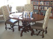 Cc Young Retirement Community - Dallas, Texas - Made For Nancy Hunt - 2 Custom Hand Carved Cross Table In Hand Wax Finish - Oval Twist Leg Table In Walnut With Oak Lnlay - In Library 1 small
