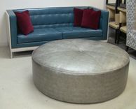 Custom Built Sofas In Driftwood With Custom Whitewash Finish And Metal For The University House In Fullerton, Ca - 60" Round Ottoman In Vinyl With Center Button 1 small