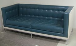 Custom Built Sofas In Driftwood With Custom Whitewash Finish And Metal For The University House In Fullerton, Ca - 60" Round Ottoman In Vinyl With Center Button 3 small