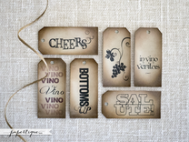 Wine Bottle Tags - Hand Inked, Rustic Wedding Favor Tags - Vintage Wine Tags Pre-Strung With Raffia 1 small
