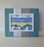Impressionist Acrylic Beach Umbrellas Painting, 10 3/4" X 9", Framed Seascape Art Canvas 1 small