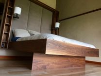 Floating Walnut Bed, Shelving And Upholstered Headboard 3 small