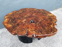 Modern Live Edge Coffee Table- Round Slab- Claro Walnut- Burl- Black Steel Bases- Crescent Moon 4 small