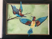 Ruffled Feathers--Handpainted Birds On Vintage Cabinet Door 3 small