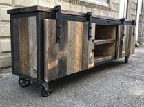 Rustic Industrial Barn Board Media Stand / Tv / Entertainment Stand W/ Sliding Doors 5 small