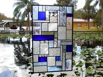 Stained Glass Panel Shades Of Blue Crazy Quilt Patchwork Geometric Stained Glass Window Transom 4 small