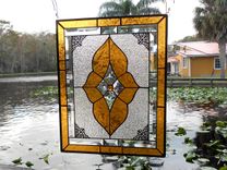 Vintage Look Stained Glass Window Panel, Neutral Champagne & Beveled Glass Transom Window 6 small