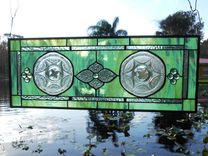 Recycled Depression Glass Stained Glass Window Panel W/Royal Lace Plates 4 small