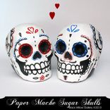 Red & Blue Day Of The Dead Paper Mache Skull Custom Bride And Groom Decoration Cake Topper 1 small