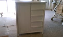 White Bed Frame, Chifforobe, 2x End Tables, Entertainment Center 4 small