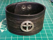 2in Wide Black Distressed Leather Cuff Christian Cross 4 small