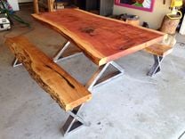 Large Single Slab Redwood Table With Quilted Maple Benches 2 small