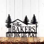 Custom Metal Family Name and Address Sign with Cabin and Pine Trees 1 small