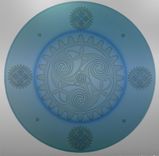 Celtic Knotwork Crossed With Steampunk - Blue Etched Glass Art Plate 2 small