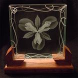 3d Layered Decorative Art Display - Iris Flower Etched Glass With Wood Stand 1 small