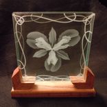 3d Layered Decorative Art Display - Iris Flower Etched Glass With Wood Stand 3 small