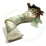 Handmade Ceramic Clay Rattle Snake With Found Wood Handle And Bead Adornment 3 small