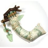 Handmade Ceramic Clay Rattle Snake With Found Wood Handle And Bead Adornment 5 small