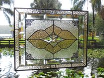 Vintage Look Stained Glass Window Panel, Neutral Champagne & Beveled Glass Transom Window 8 small