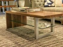 Modern Walnut Waterfall Coffee Table With Glass Shelf And Metal Leg. 1 small