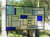 Stained Glass Panel Shades Of Blue Crazy Quilt Patchwork Geometric Stained Glass Window Transom 8 small