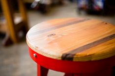 Southern Industrial Design Bar Stool With Reclaimed Wood Seat, Custom Cutouts And Distressed Finish 3 small