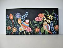 Original Acrylic Bird Painting, 16" X 8", Floral Art Canvas, Black Background 1 small