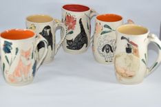 Four Coffee Mugs Set - Artistic Carved And Glazed Ceramic Mugs 16-20 Ounce Coffee Cups 3 small
