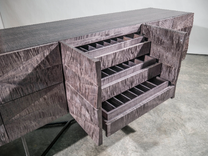 Credenza Modern Faceted Front, Steel Base, Gray Curly Maple Wood, Sideboard, Buffet, Server 6 small