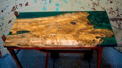 Industrial Design Vintage Orange Barrel Dolly With Live Edge Ambrosia Maple And Resin Top 2 small