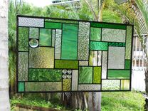 Stained Glass Patchwork Quilt Window Panel, Geometric Stained Glass Transom Window, Shades Of Green 9 small