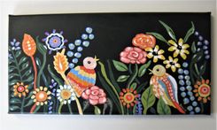 Original Acrylic Bird Painting, 16" X 8", Floral Art Canvas, Black Background 2 small