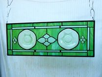 Recycled Depression Glass Stained Glass Window Panel W/Royal Lace Plates 5 small