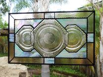 Recycled Pink Depression Glass, Antique Stained Glass Window Transom, Old Window Valance 4 small