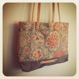 Remnant Tote /Recycled Upholstery Fabric /Faded Denim Bottom /Waxed Leather Riveted Straps 1 small