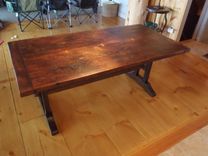 Reclaimed Two Board Top Slab Top Trestle Table With Leaves With Custom Live Edge Bench 1 small