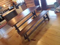 Reclaimed Two Board Top Slab Top Trestle Table With Leaves With Custom Live Edge Bench 2 small