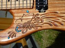 Hand Carved Peacock Electric Guitar With Turquoise Accents 2 small