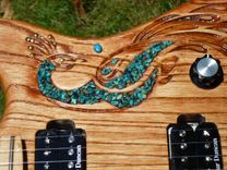 Hand Carved Peacock Electric Guitar With Turquoise Accents 5 small