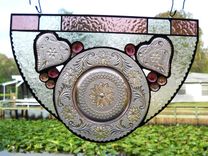 Vintage Depression Glass Sandwich Glass Stained Glass Panel Swag Window Treatment 3 small