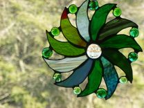 Moon Face And Sun Rays Stained Glass Art In Green 1 small